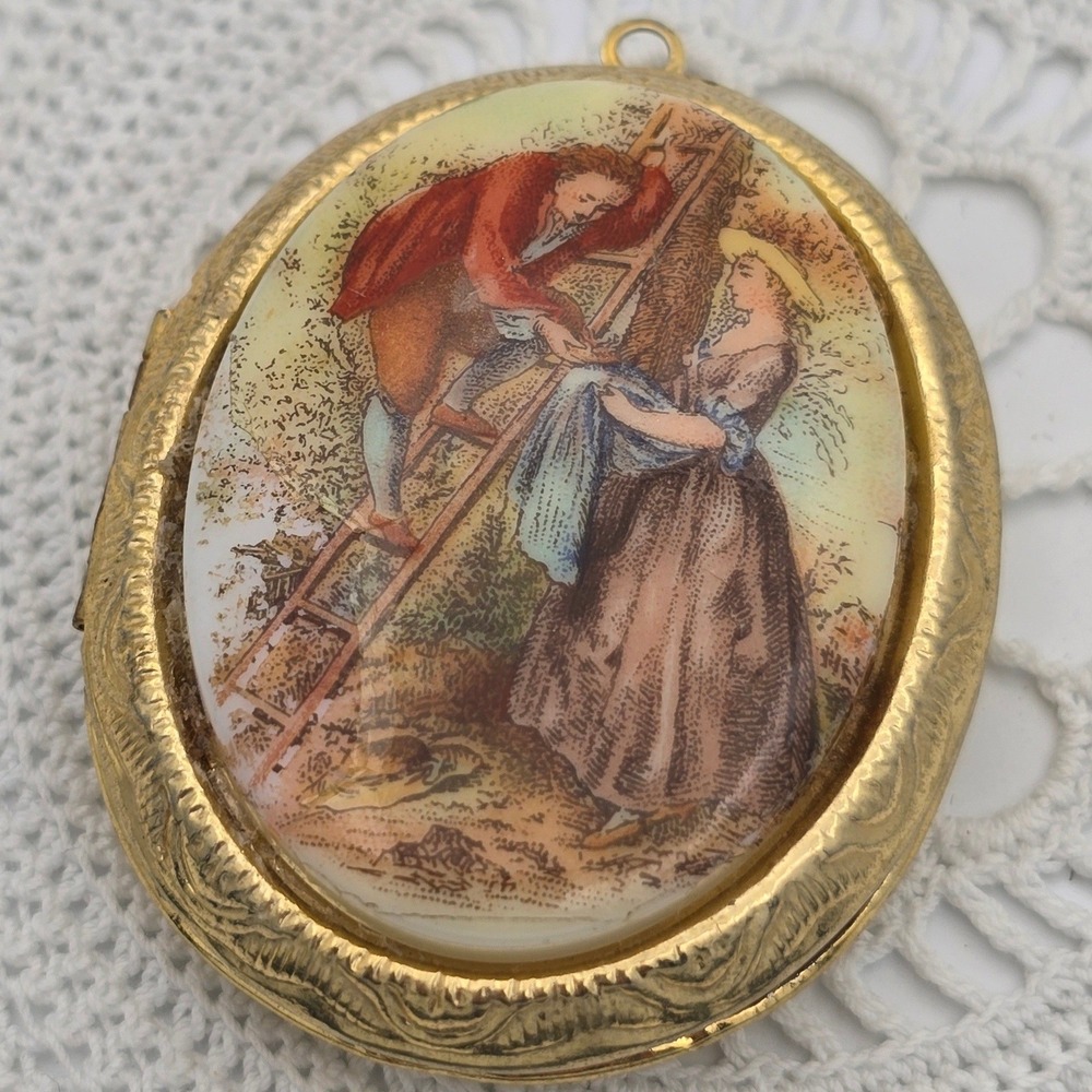 Vintage Gold Tone Locket Pendant Fragonard Style Oval Courting Couple Pastoral